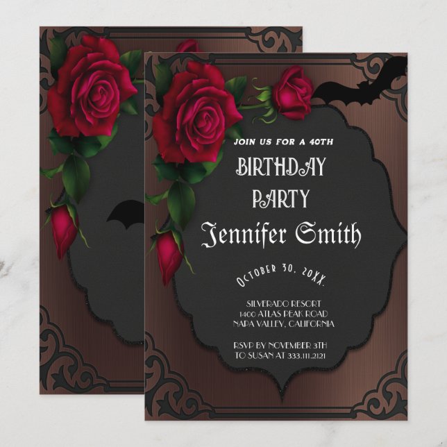Invitación 40.º Fiesta de cumpleaños rojo gótico (Anverso / Reverso)