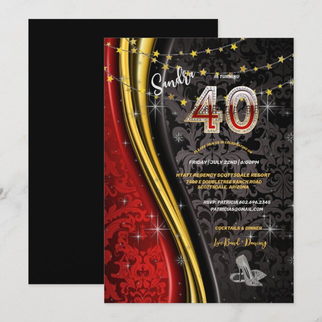 Invitación 40.º Fiesta de cumpleaños rojo, oro y negras invit (Anverso / Reverso)