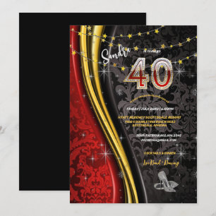 Invitación 40.º Fiesta de cumpleaños rojo, oro y negras invit