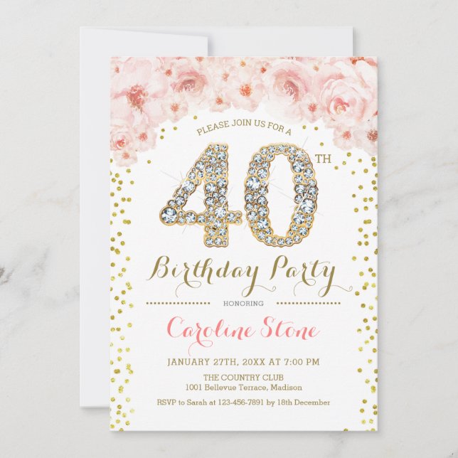 Invitación 40.º Fiesta de cumpleaños - Rosa de oro blanco (Anverso)