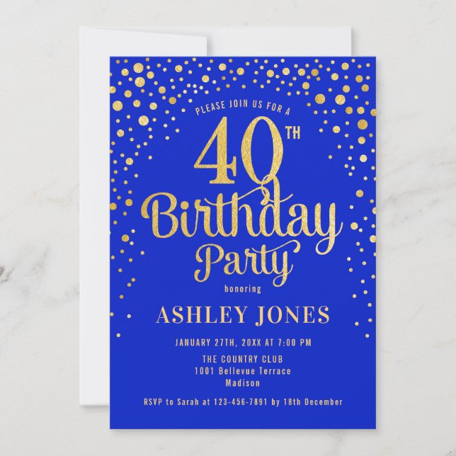 Invitación 40.º Fiesta de cumpleaños - Royal Blue & Gold (Anverso)