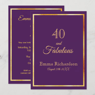 Invitación 40.º fiesta de cumpleaños sobre morado con marco d