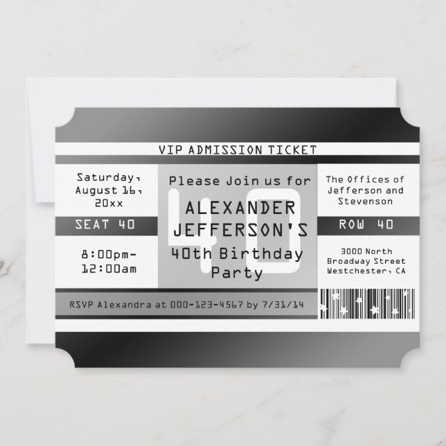 Invitación 40.º Fiesta de cumpleaños Ticket en forma de invit (Anverso)
