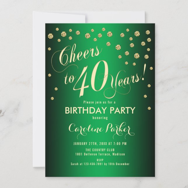 Invitación 40.º Fiesta de cumpleaños - Verde de oro (Anverso)