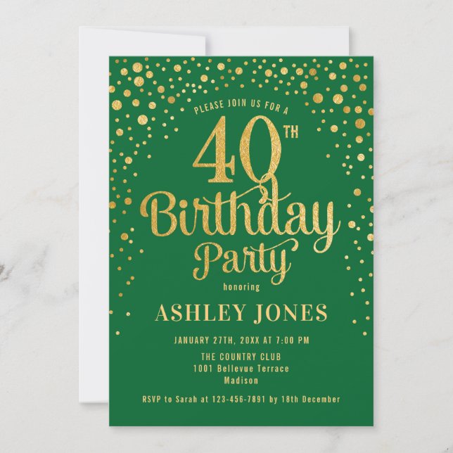 Invitación 40.º Fiesta de cumpleaños - Verde y Oro (Anverso)