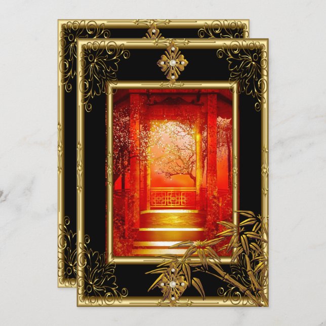 Invitación 40.º Fiesta de cumpleaños Vista asiática Oro Bambú (Anverso / Reverso)