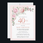 Invitación 40.º Fiesta de la sorpresa de cumpleaños Floral ro<br><div class="desc">Honre a una mujer especial con esta elegante y femenina invitación sorpresa de cumpleaños número 40. 40 está escrito en un texto grande de color rosa. Sigue el Fiesta de la sorpresa de cumpleaños. El nombre de la clientela distinguida también está escrito con mayúsculas rosas. Las rosas rosadas de Rubor...</div>