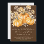 Invitación 40.º Fiesta de la sorpresa por el cumpleaños Rusti<br><div class="desc">Las elegantes calabazas naranjas acuáticas están enclavadas en una variedad de follajes y flores. Un fondo marrón oscuro y rico lo enmarca a la perfección. Perfecto para una celebración de otoño.</div>
