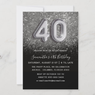 Invitación 40.º Fiesta de Purpurina negro y plateado