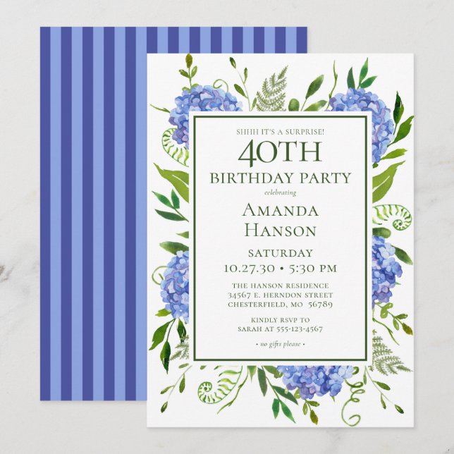 Invitación 40.º Fiesta de sorpresa de Hydrangeas Azules (Anverso / Reverso)