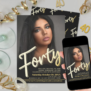 Invitación 40.º guión fotográfico de cumpleaños color oro pla