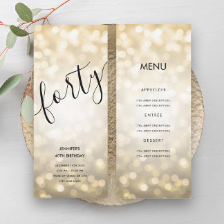 Invitación 40.º menú de cumpleaños Luces Purpurinas de oro