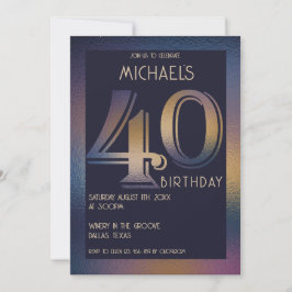 Invitación 40.º moderno morado oscuro y cumpleaños dorado