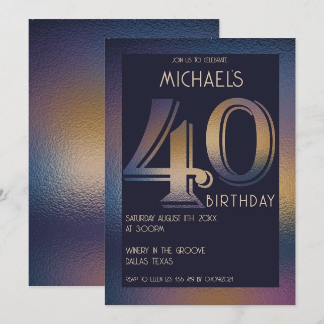Invitación 40.º moderno morado oscuro y cumpleaños dorado (Anverso / Reverso)