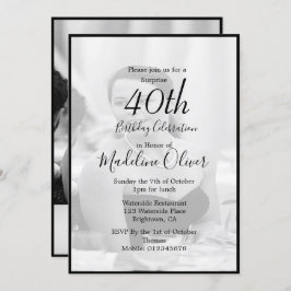 Invitación 40.º Monograma Clásico Foco Blanco Negro Cumpleaño