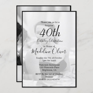 Invitación 40.º Monograma Clásico Foco Blanco Negro Cumpleaño