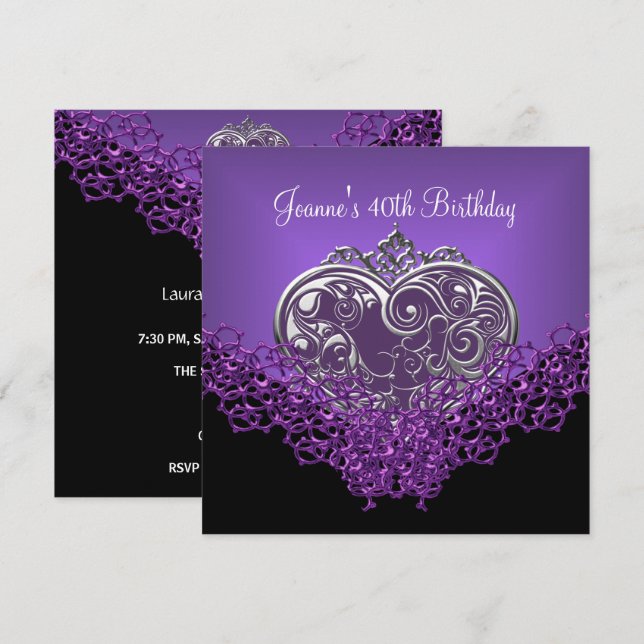 Invitación 40.º Nacimiento Lace Black Silver Deep Purple Hear (Anverso / Reverso)