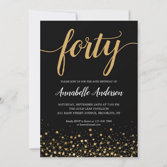 Invitación 40.º natalicio de escritura moderna de confetti de (Anverso)