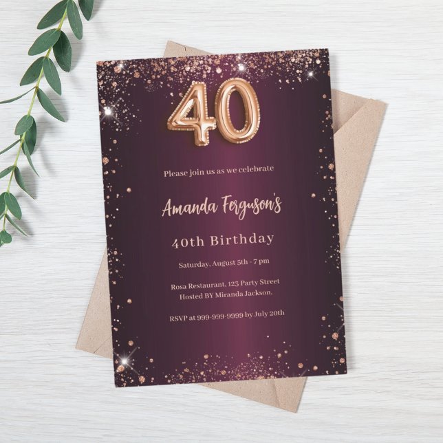Invitación 40.º oro burdeos rosa de cumpleaños (Subido por el creador)