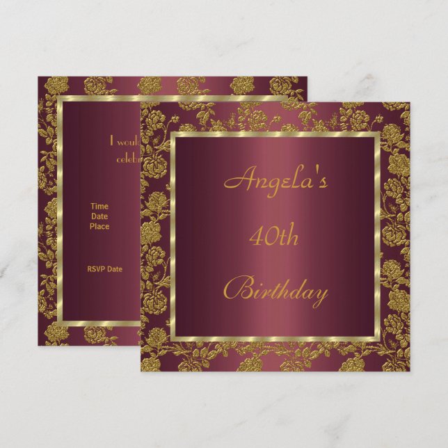 invitación 40.º oro de cumpleaños Borgoña floral (Anverso / Reverso)