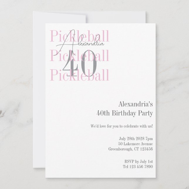 Invitación 40.º Pickleball de cumpleaños Rosado (Anverso)