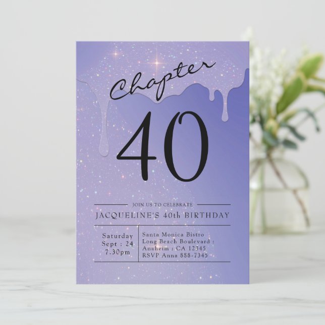 Invitación 40.º Purpurina de escritura de cumpleaños (Anverso de pie)
