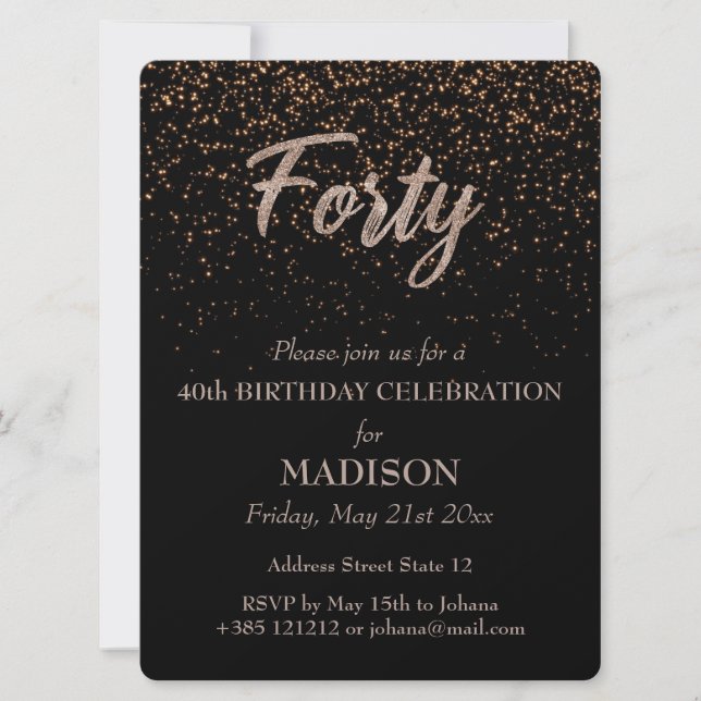 Invitación 40.º Purpurina de oro de cumpleaños (Anverso)