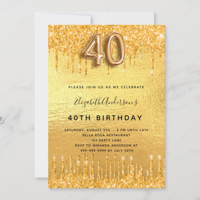 Invitación 40.º purpurina de oro de cumpleaños gotea oro (Anverso)