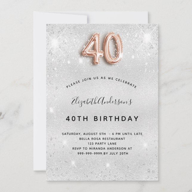 Invitación 40.º purpurina de oro de plata de cumpleaños (Anverso)