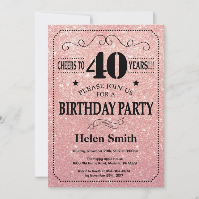 Invitación 40.º Purpurina de oro negro y rosa de cumpleaños (Anverso)