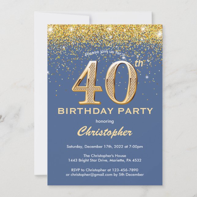 Invitación 40.º Purpurina de oro y azul de cumpleaños Confett (Anverso)