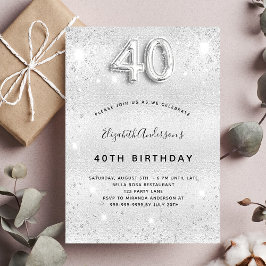 Invitación 40.º purpurina de plata de cumpleaños glamuroso