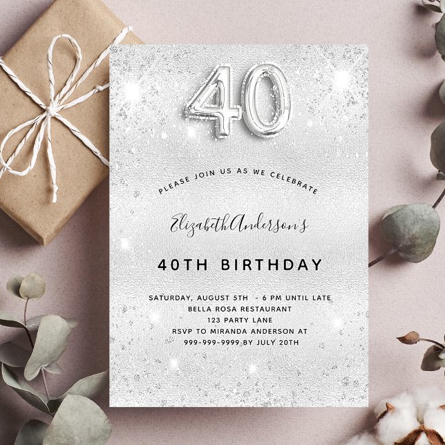 Invitación 40.º purpurina de plata de cumpleaños glamuroso (Subido por el creador)