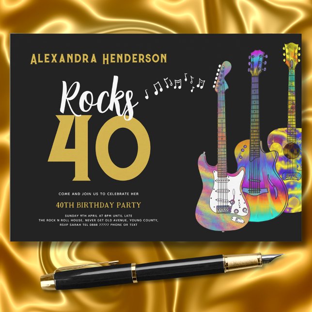 Invitación 40.º rollo y rollo Fiesta de cumpleaños (guitar music black and gold 40th birthday party invitation )
