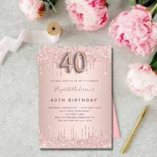Invitación 40.º rosa de cumpleaños dorado gotea