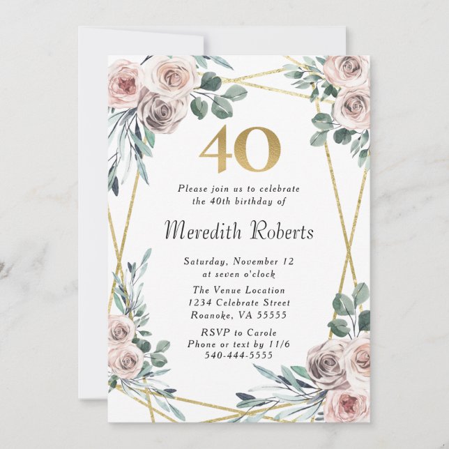 Invitación 40.º Rosa de cumpleaños Fiesta de eucalipto floral (Anverso)