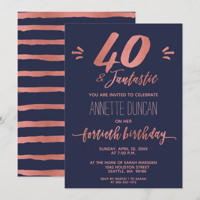 Invitación 40.º Rosa de cumpleaños Gold Blue Trendy Fiesta (Anverso / Reverso)