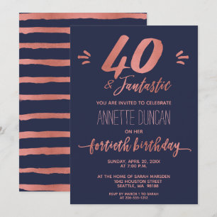 Invitación 40.º Rosa de cumpleaños Gold Blue Trendy Fiesta