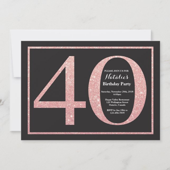 Invitación 40.º Rosa de cumpleaños Purpurina de oro rosado (Anverso)