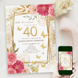 Invitación 40.º Rosa de oro Purpurina cuarenta cumpleaños