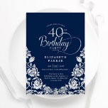 Invitación 40.º Rosa de plata de la Marina de Cumpleaños<br><div class="desc">Elegante invitación a la fiesta de cumpleaños número 40 de la Marina Silver. Diseño elegante con rosas, Relieve metalizado falso plateado y tipo de letra de guión tipográfico. La carta de invitación a la moda es perfecta para una elegante celebración de cumpleaños femenina. Personaliza con tus propios detalles. Se puede...</div>