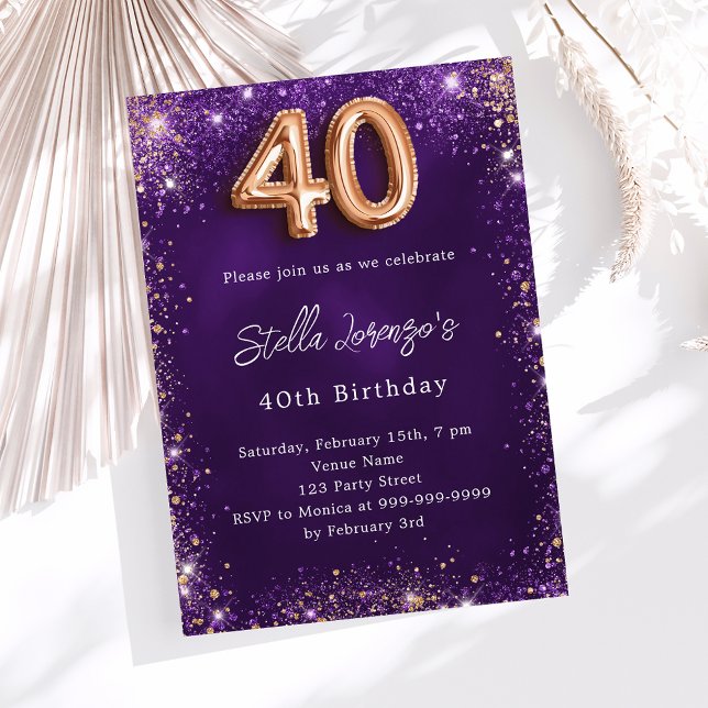Invitación 40.º rosa morado de cumpleaños chispas de oro (Subido por el creador)