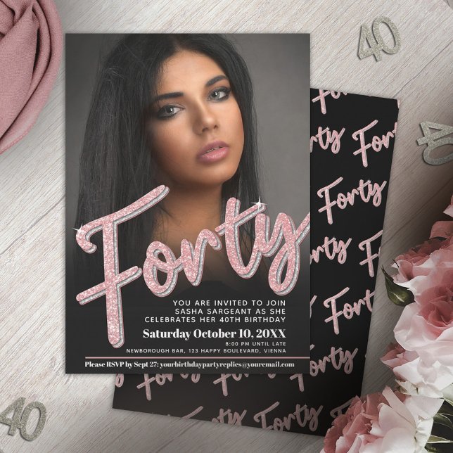 Invitación 40.º rosa purpurina de guión fotográfico de cumple (Subido por el creador)