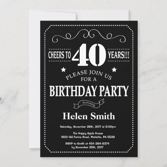 Invitación 40.º tablero negro y blanco de cumpleaños (Anverso)