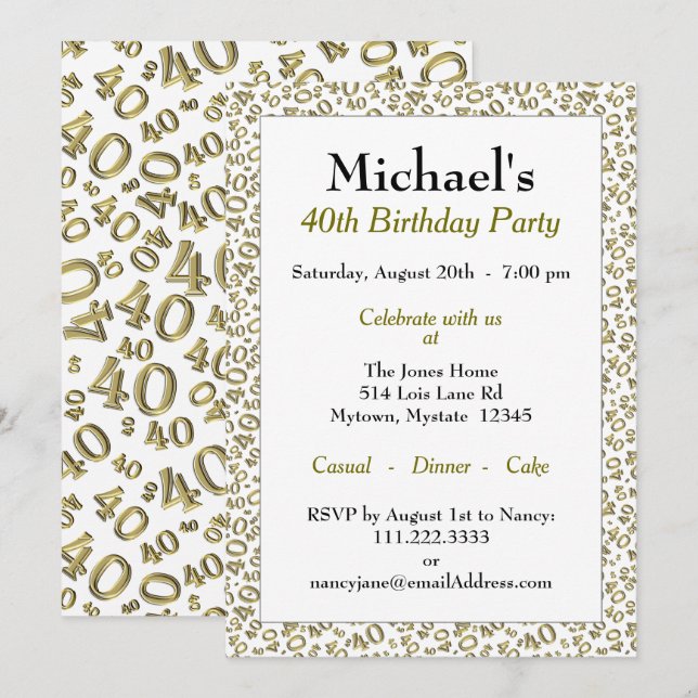 Invitación 40.º tema del Fiesta de cumpleaños - Patrón dorado (Anverso / Reverso)