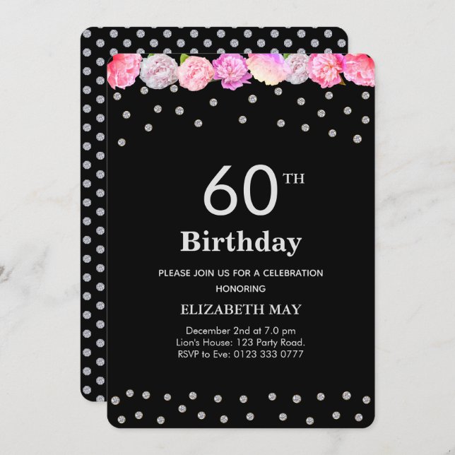 Invitación 40°, 60° cumpleaños con diamantes en negro (Anverso / Reverso)