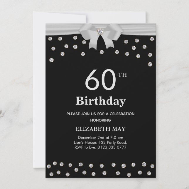 Invitación 40°, 60° cumpleaños con diamantes en negro (Anverso)
