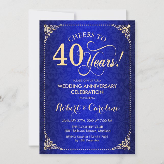 Invitación 40° aniversario Boda - Damasco de oro azul (Anverso)