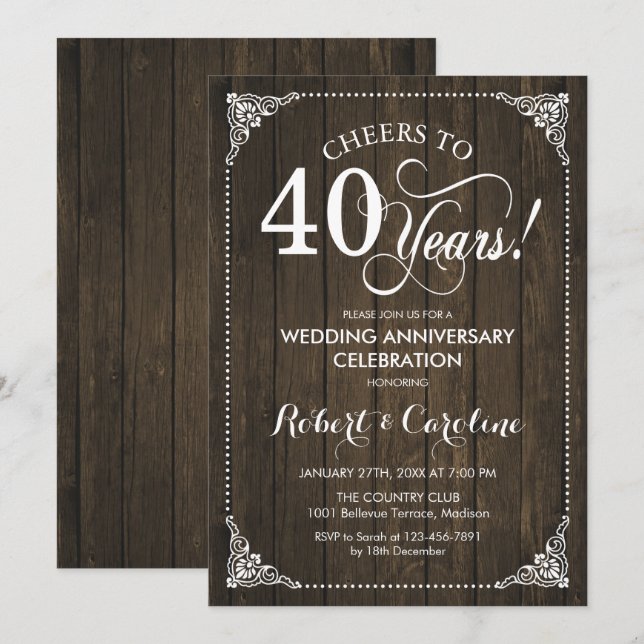 Invitación 40° Aniversario Boda - Madera (Anverso / Reverso)