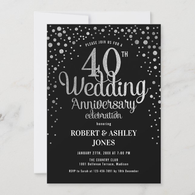 Invitación 40° aniversario Boda - Negro y plata (Anverso)
